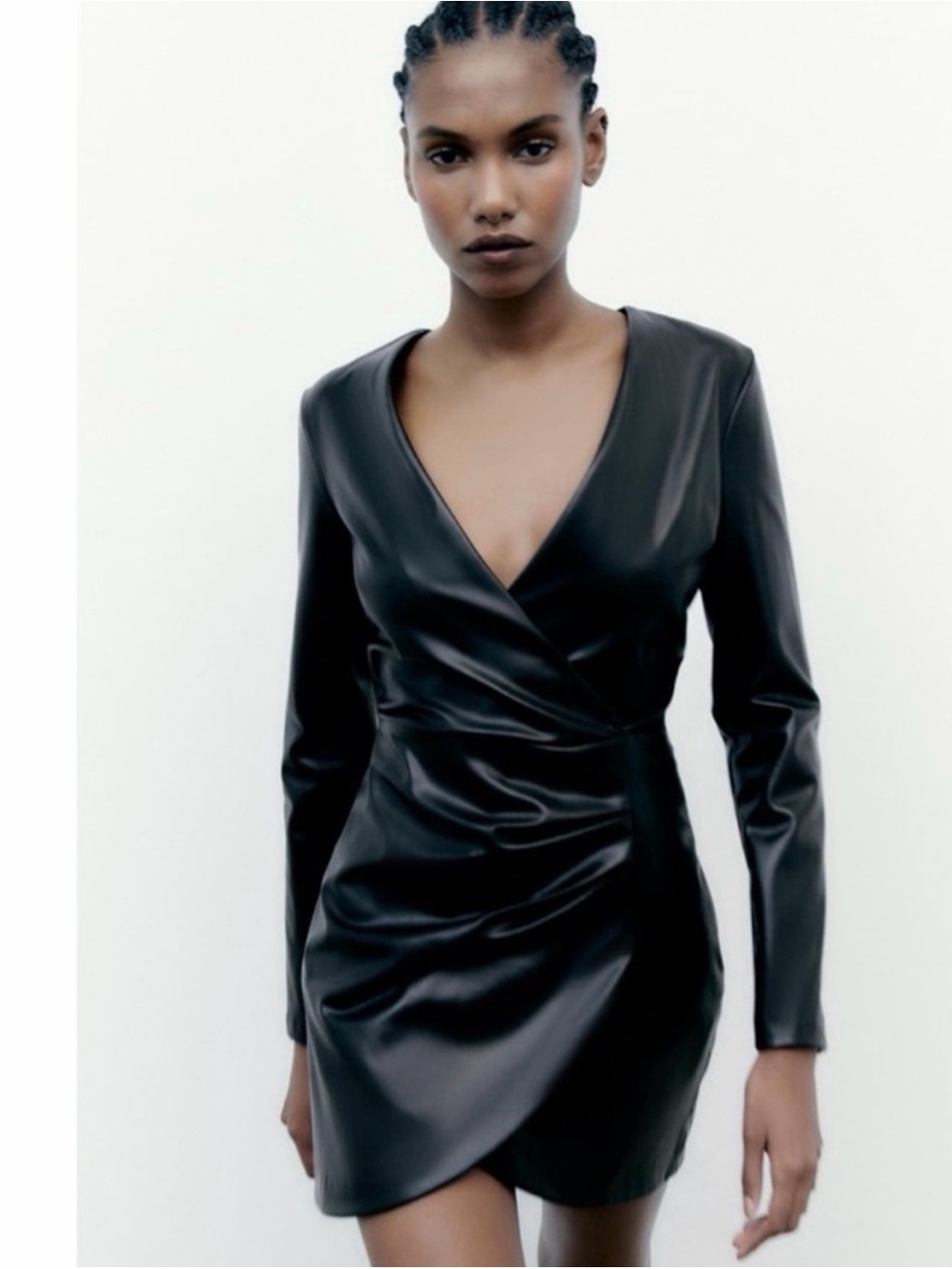 Zara Black Faux Leather Draped Mini Dress NWT